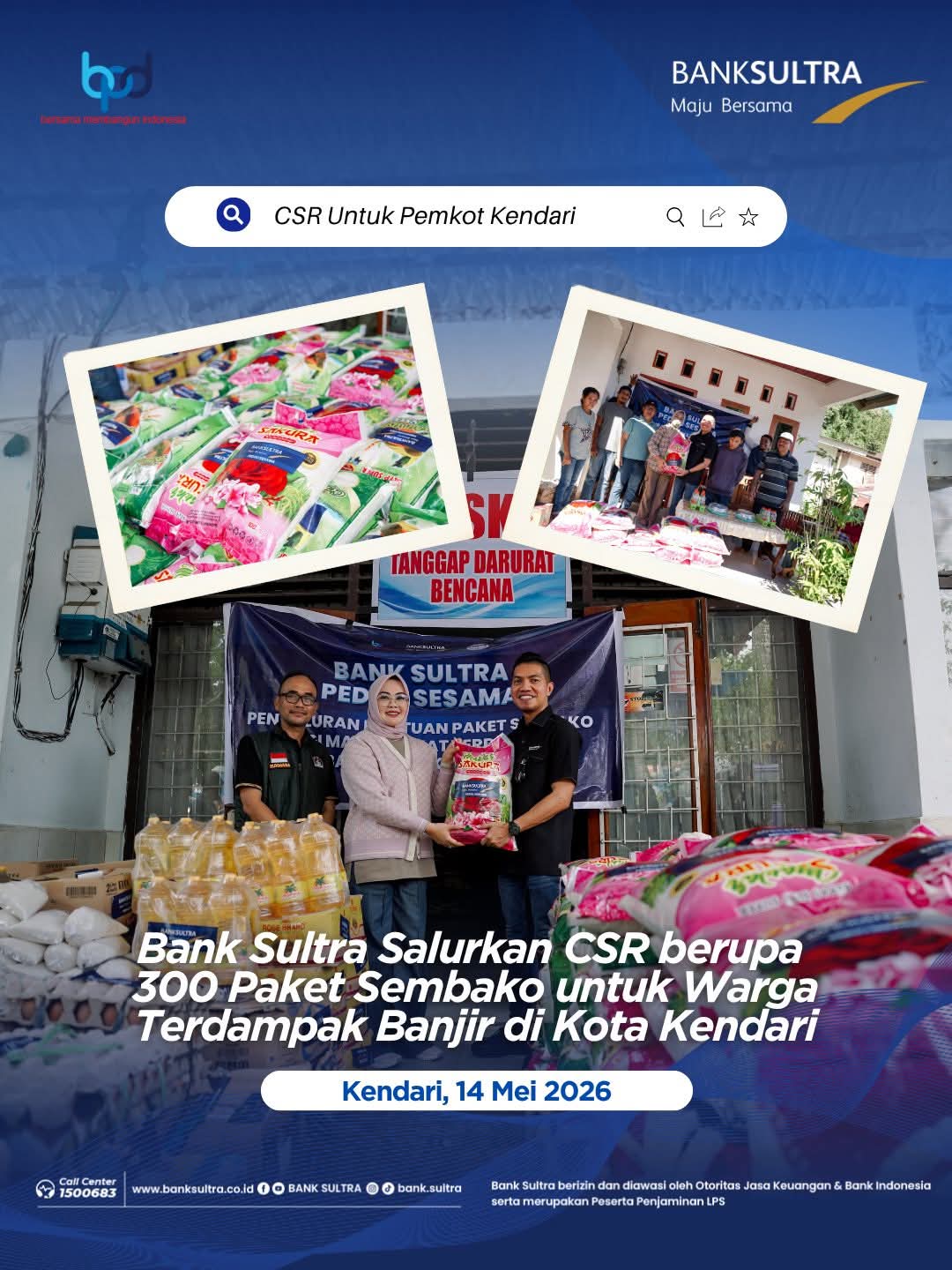 Bank Sultra Salurkan 300 Paket Sembako Bagi Warga Terdampak Banjir di Kota Kendari
